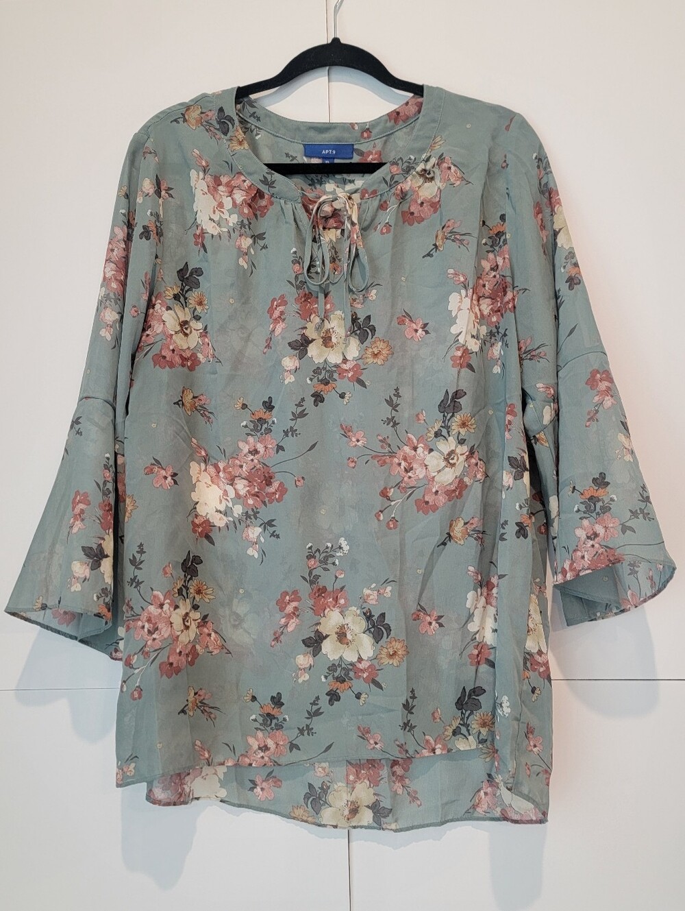 Apt. 9 Floral Bell Sleeve Blouse Size XL Sage Green Boho Tie Neck Sheer Top